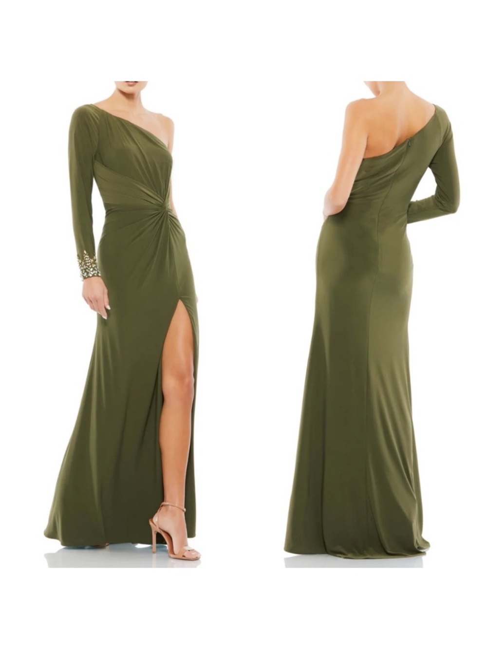 Leena for Mac Duggal One Sleeve Beaded Cuff Side Twist Gown Dress